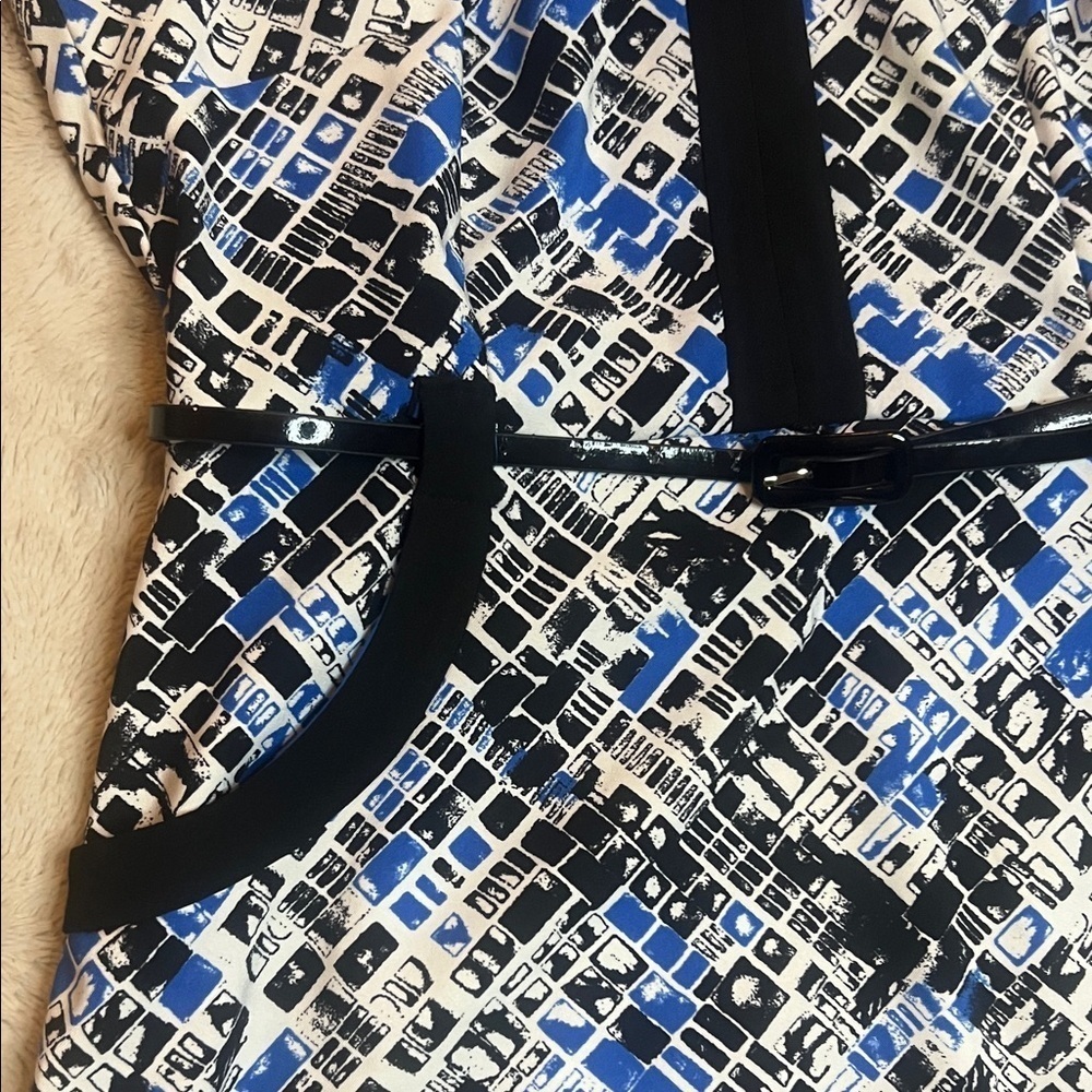 Jessica Abstract Blue and Black Dress with belt sz 10 Petite - Picture 4 of 14